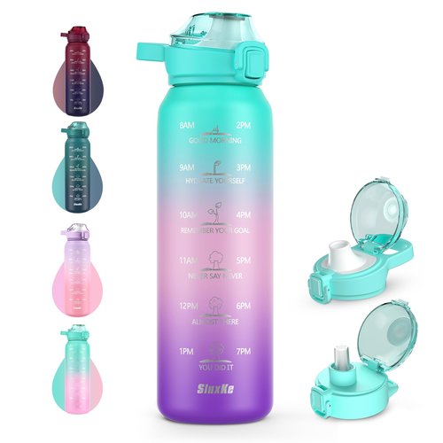 SLUXKE 32oz Insulated Water Bottle with handle BPA Free, 316 Stainless Steel Water Bottles 1000ml with Time Marker Double Walled, 1000ml Metal Water Flask Jug for Hiking, Biking, Running