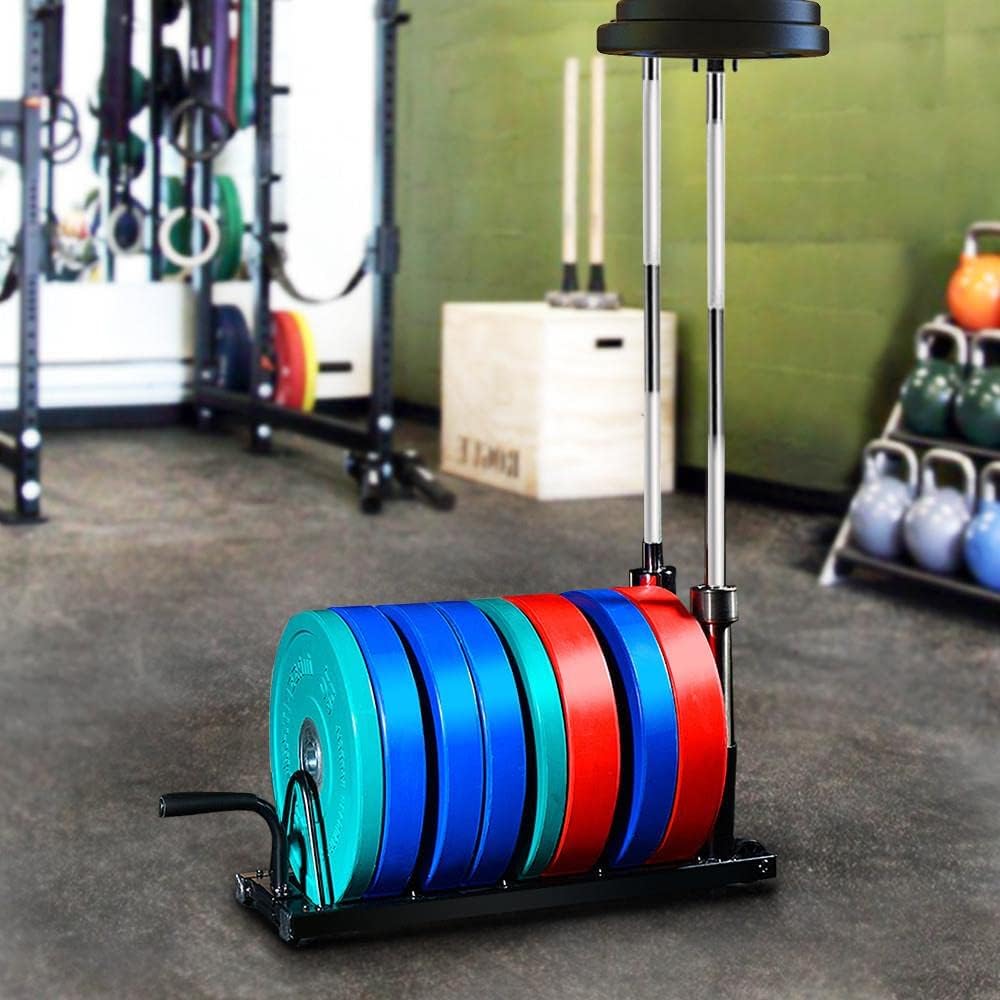 Yaheetech Horizontal Barbell Bumper Plate Rack Holder Olympic Bar Storage Rack with Handle and Wheels,Black
