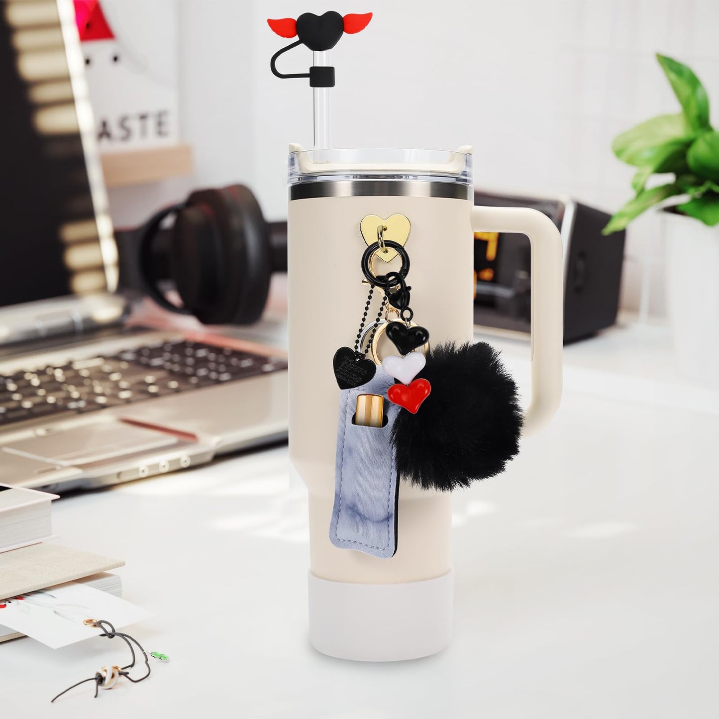 Amintiri Silicone Stanley Cup Boot, Lipstick Holder, 2 x Straw Cover, 2 x Charms for Stanley 40oz & 30oz Tumbler (Blue)