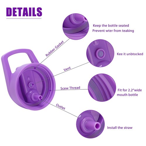 mininoo Straw Lid for Wide Mouth Water Bottle, Replacement Lid for 12 oz-32 oz Water Bottles, BPA Free, Leak-proof (Purple)
