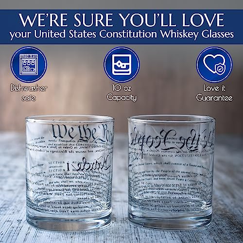 Patriotic Whiskey Glasses Set of 2 - United States Constitution Design, 10 oz Old Fashioned Tumblers - Gift for USA Enthusiasts - Constitution Variation