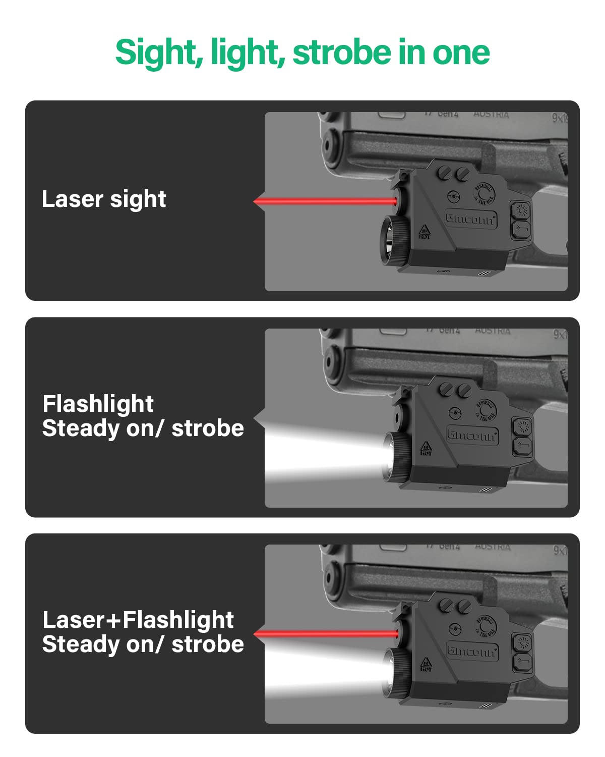 Gmconn Gun Light Red Laser Sight Weapon Pistol Flashlight, 800 Lumen LED Flashlight with Red Beam for Glock