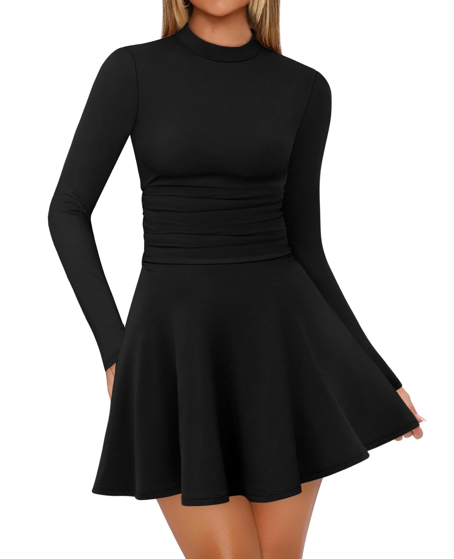 OFEEFAN Long Sleeve Black Dress Fall Winter Dresses for Women 2025 Cocktail Mini Outfits Wedding Guest Clothing Mock Neck L