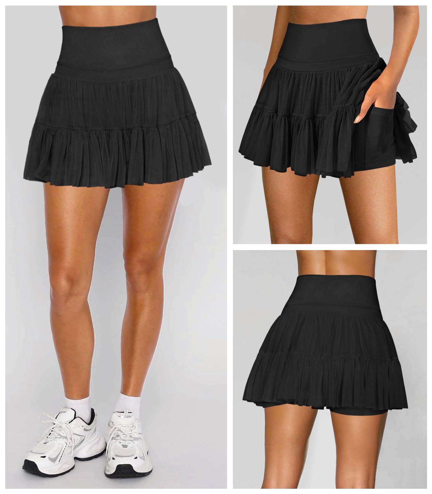 Hragc Women's Mini Black Skirt Skort Flowy Pleated High Waisted Ruffle Medium Tennis Skirts for Women Athletic Skater Golf with Shorts Pockets