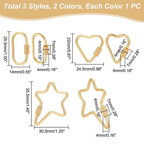 UNICRAFTALE 6pcs 3 Styles Screw Carabiner Lock Charms 2 Colors Stainless Steel Locking Carabiner Claw Clasp Heart Heart Carabiner Hook Clip Key Holder 22~35.5mm