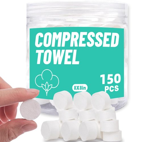 Compressed Towels Travel Size | Hypoallergenic Cotton Wet Wipes for Sensitive Skin | Unscented Face & Body Cleansing Cloths for Adults & Baby | Portable Gym Camping Makeup (White-150, M)
