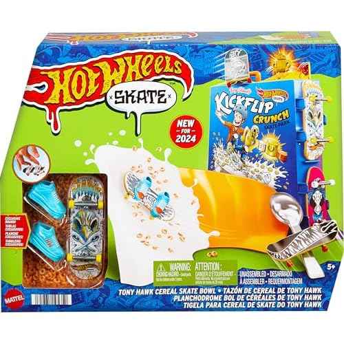 Hot Wheels Skate Tony Hawk Cereal Bowl Fingerboard Set, 1 Exclusive Board & Pair of Removable Skate Shoes, Storage for up to 4 Boards & 4 Pairs of Shoes