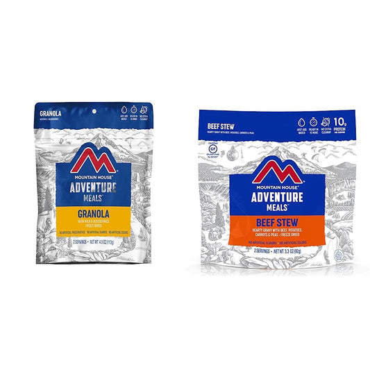 Mountain House Granola with Milk & Blueberries | Freeze Dried Backpacking & Camping Food | 2 Servings and Mountain House Beef Stew | Freeze Dried Backpacking & Camping Food | 2 Servings | Gluten-Free
