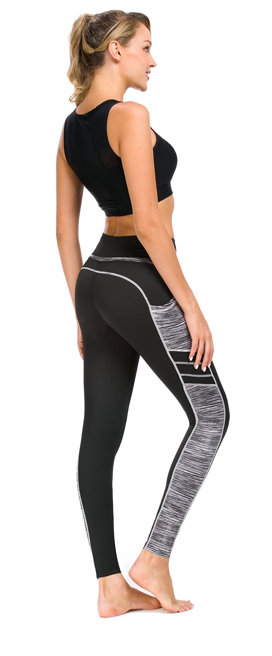 Sugar Pocket Women's High Waist Yoga Leggings Tummy Control Workout Running Pants with Side Pockets LS(Black/Grey)