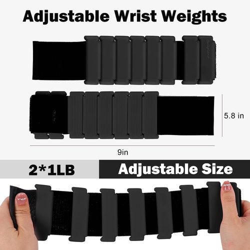 Bullpiano Wrist Weights for Women Men, Wrist and Ankle Weights Adjustable Silicone Weighted Bracelet Wrist Weights for Running, Gym, Swimming, Yoga, Dance, Set of 2(1lb Each), (Black)