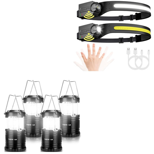 Lepro Bundle - LED Camping Lanterns Battery Powered, Collapsible, IPX4 Water Resistant, 4 Packs & PR320019-2 Super Bright Head lamp with Motion Sensor, 230° Wide Beam & Adjustable