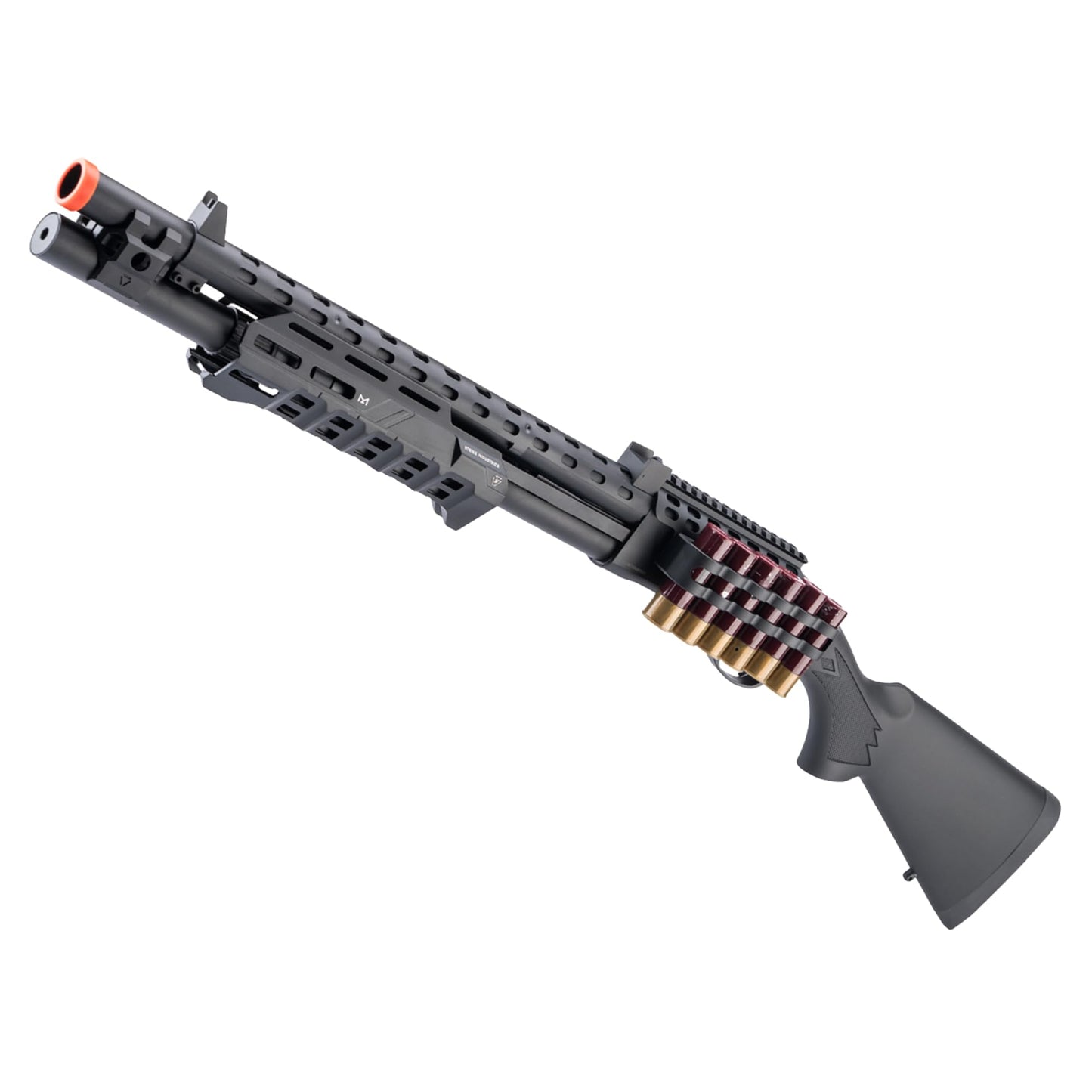 Evike Airsoft - EMG Strike Industries Licensed M870 Gas Powered Pump Action Airsoft Shotgun w/MLOK H-Guard by Golden Eagle (Color: Black)