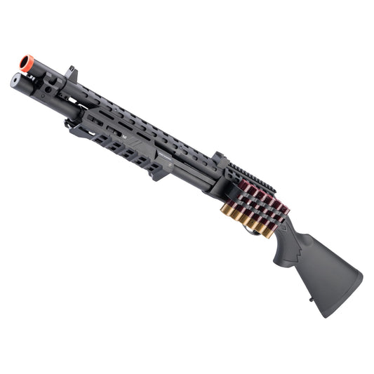 Evike Airsoft - EMG Strike Industries Licensed M870 Gas Powered Pump Action Airsoft Shotgun w/MLOK H-Guard by Golden Eagle (Color: Black)