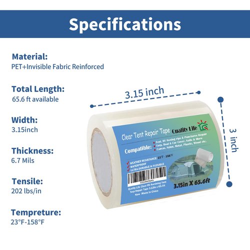 Quality Life RV Awning Repair Tape，Clear Tent Repair Tape Waterproof, for Tarp,Canvas，Boat Covers, Sail, Heavy Duty High Adhesive - 3.15in x 65.6ft