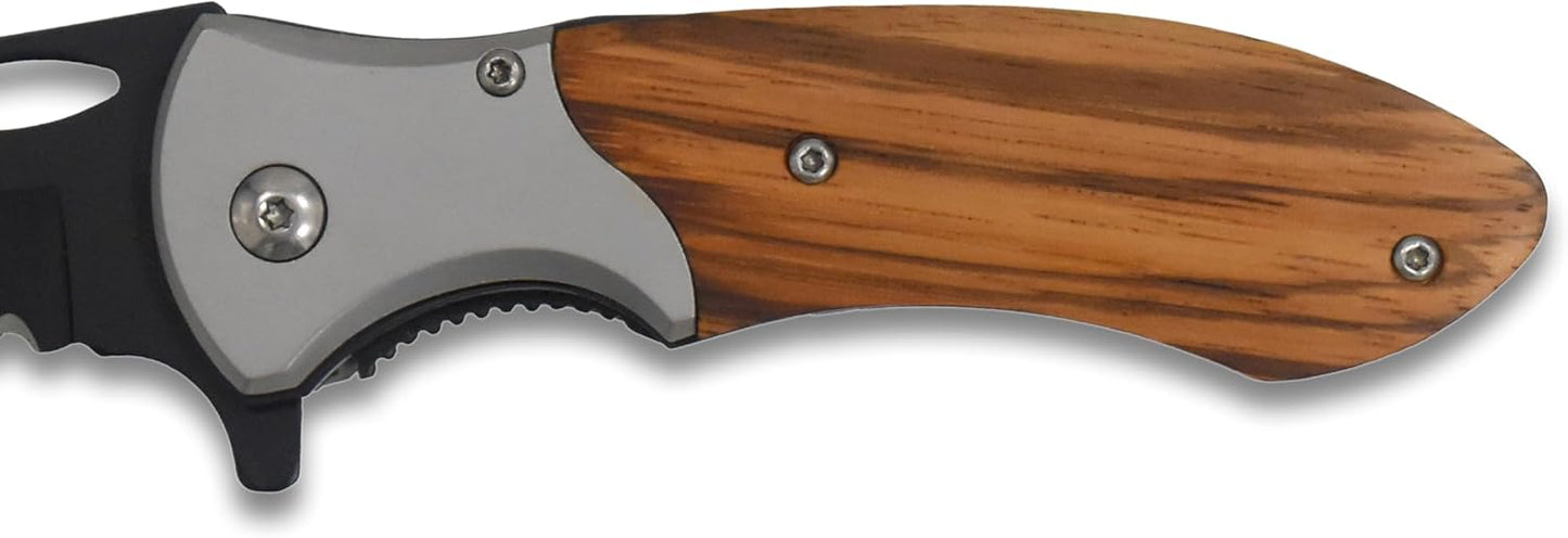 Tac-Force- Folding Pocket Knife –Partially Serrated, Black Stainless Steel Blade, Wood Handle w/Stainless Steel Bolster and Pocket Clip, Tactical, EDC, Rescue - TF-876