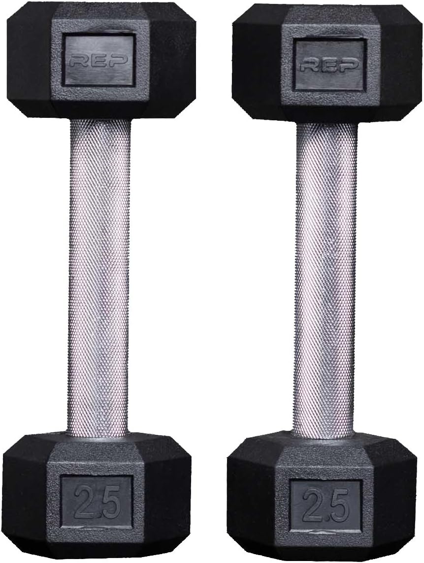Rep Fitness Rubber Hex Dumbbell(s) - Singles (55LB +) and Pairs (5LB - 50LB) - Low Odor, Fully Knurled Handle