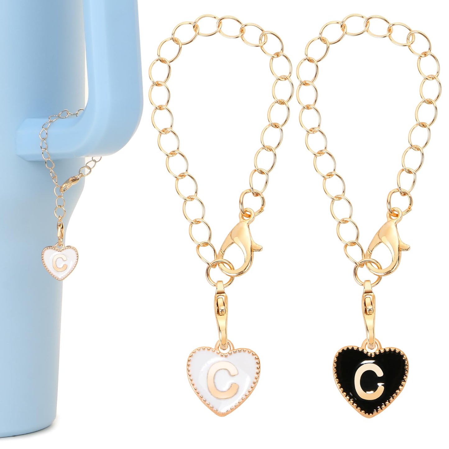 HOMICO 2PCS Heart Shaped Letter Chain Accessories for Stanley Cup Personalized Name ID Letter Chain Accessories for Stanley Tumbler, C