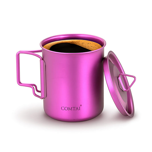 COMTAI Titanium Camping Pot Mug 15oz (420ml) with Lid and Foldable Handle – Ultralight Camping Cup for Hiking, Backpacking, Outdoor Cooking, Purple