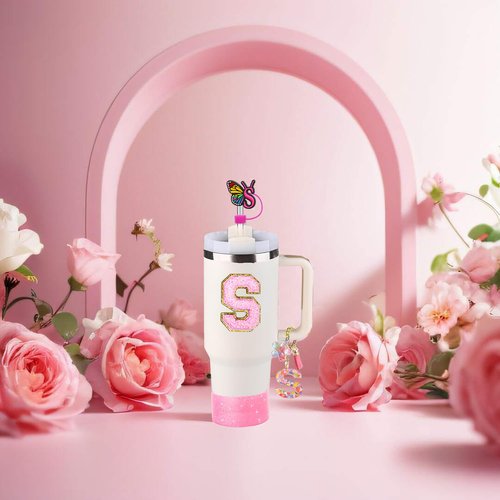 Stanley Cup Accessories Set of 6 PCS, Pink Glitter Letter Theme with Keychain, Butterfly Straw Topper, Silicone Boot, Patch & Cup Decor Kit,Water Bottle Carrier Set (Tumbler Not Included)