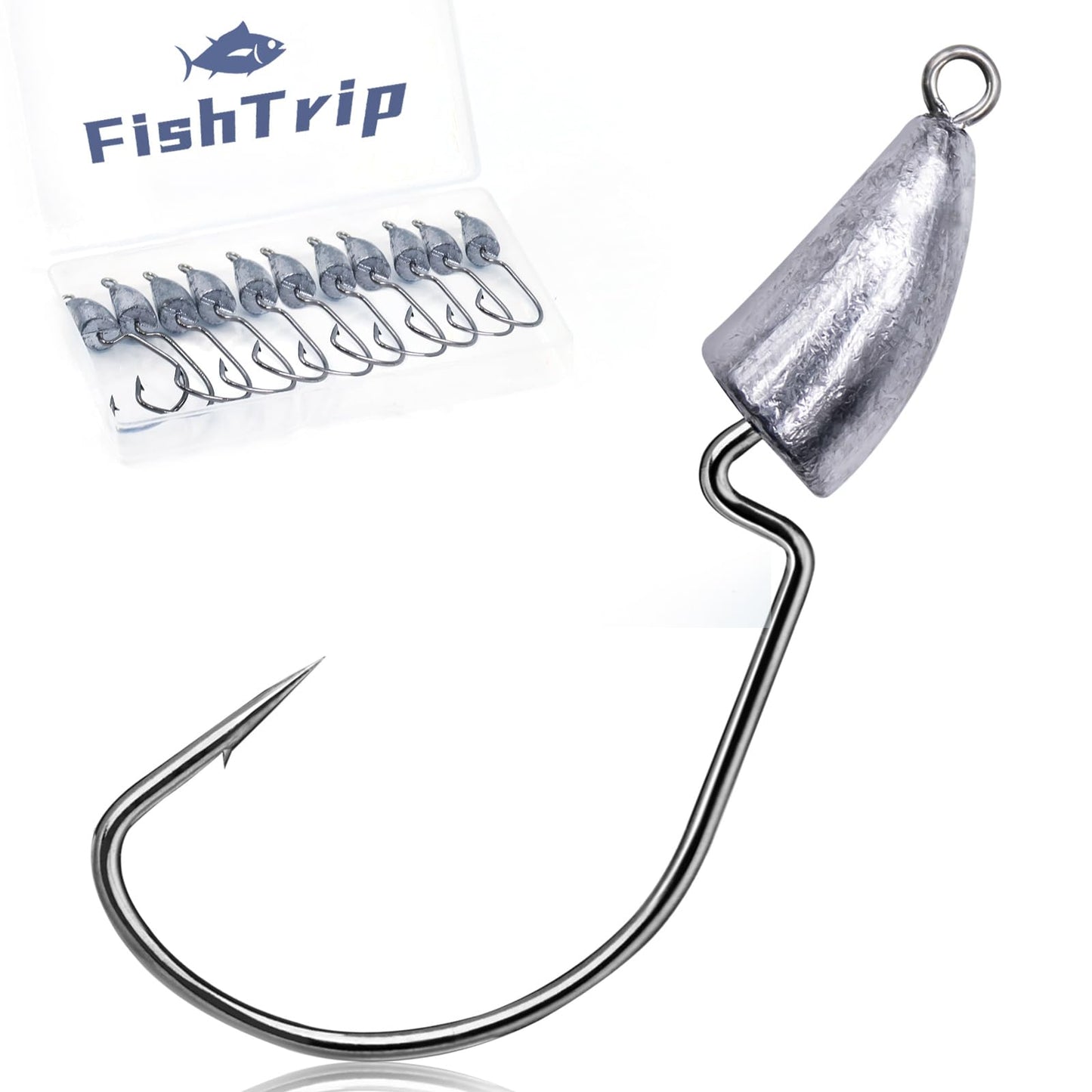 FishTrip Bullet Jig Head Weighted Hooks,10pcs Texas Rigs EWG Hooks for Bass Fishing Saltwater 1/16 oz