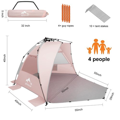 Oileus X-Large 4 Person Beach Tent Sun Shelter Pink and Folding Beach Chair High Back 1 Pcs