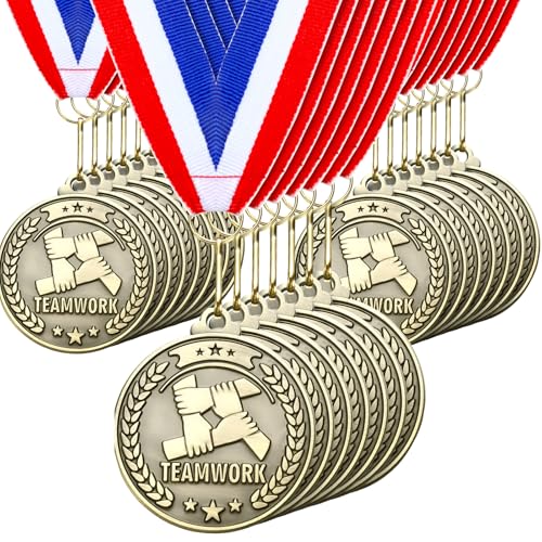 Teamwork Gold Medals with Ribbons - 30 Pack 2 Inch Awards for Kids & Adults