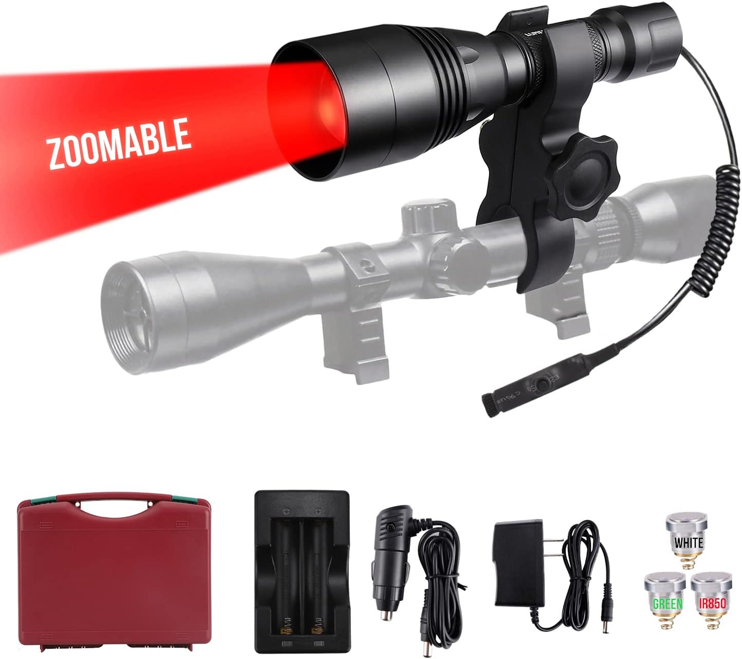 A8Plus Long Range Zoomable Hunting Flashlight Spotlight Kit, Green Red White Infrared 850nm IR Interchangeable LED Modules, Predator Night Light Torch for Coon Coyote Hog Fox Varmint