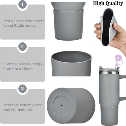 Haundry 2-Pack Silicone Boot and Straw Covers for 40oz Stanley Cup, Protective Water Bottle Bottom Sleeve Cover for Stanley Simple Modern 40oz Cups (Grey)