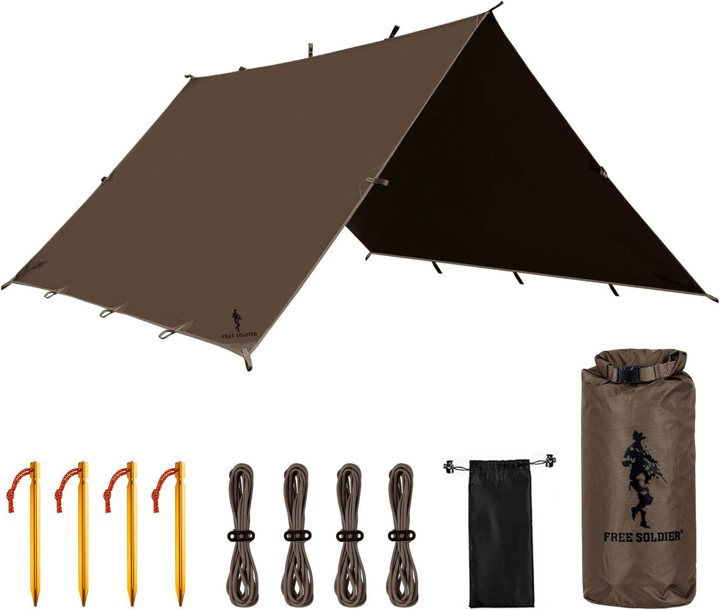 FREE SOLDIER Waterproof Portable Tarp Multifunctional Outdoor Camping Traveling Awning Backpacking Tarp Shelter Rain (Brown 10×10.5ft)