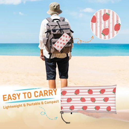 Eativisa Strawberry Strip Lightweight Beach Blanket Waterproof Sandproof 59"X68" Sand Free Beach Mat with 4 Stakes Compact Outdoor Blanket for Beach Quick Drying Picnic Mat for Travel Camping