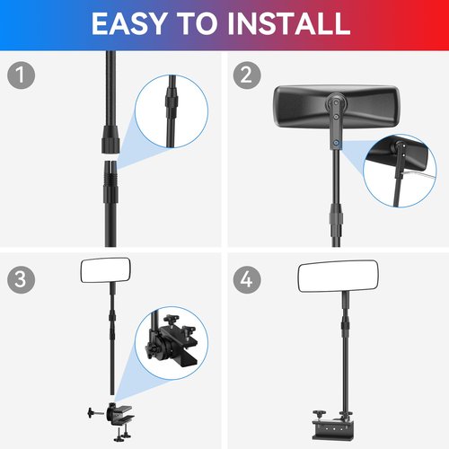 Tewgug Boat Mirror, Upgraded Pontoon Boat Rear View Mirror with Telescopic Pole & Heavy Duty Bracket,Wide Angle Adjustable Marine Rear View Mirror for Pontoon Boat Ski Boats Water Skiing