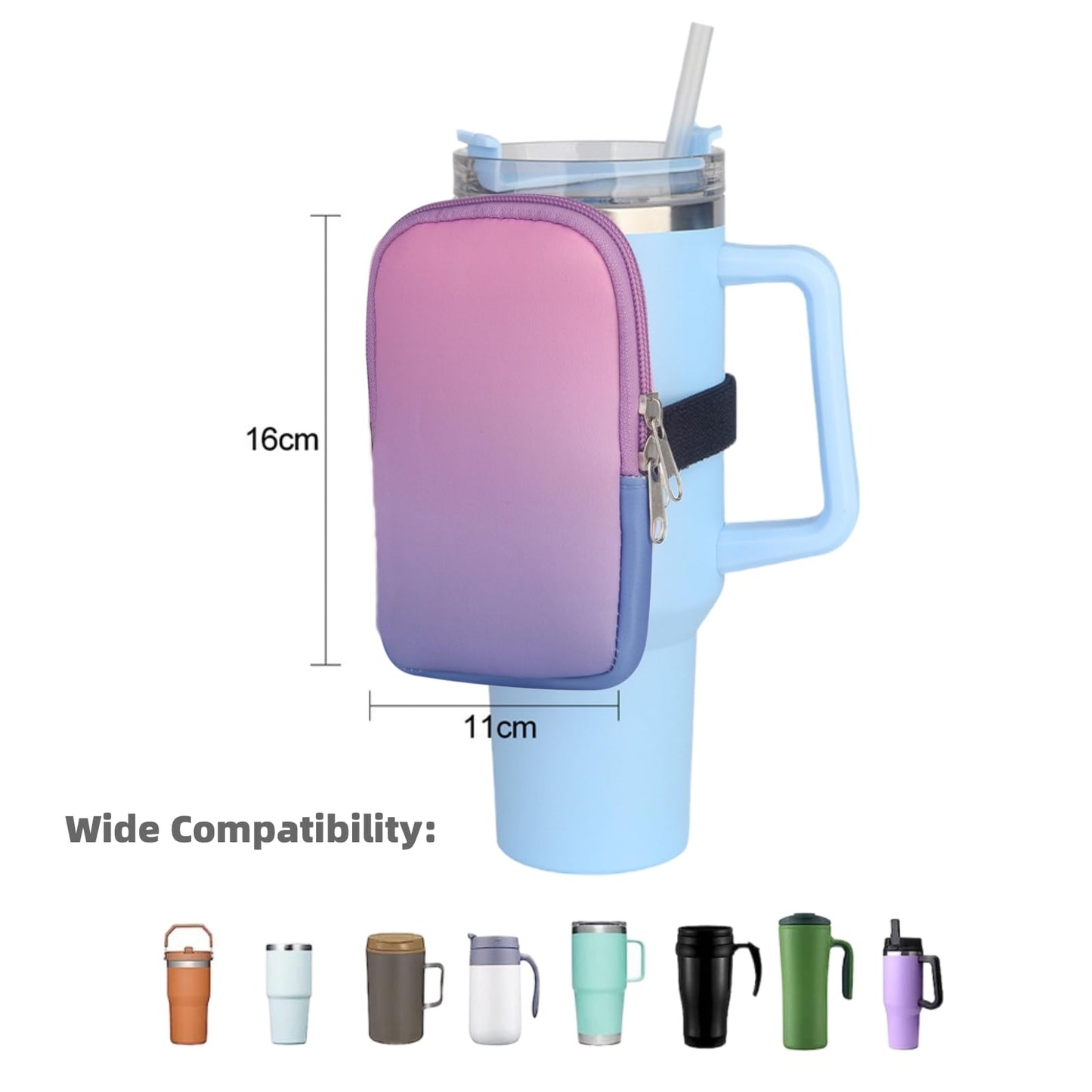 SUKOUSRAM Water Bottle Pouch Compatible with Stanley Quencher Adventure IceFlow 20oz-40oz,Tumbler Pouch Bag for Cards, Keys,Wallet, Earphones,Gym SportsWater Bottle Accessories,Gradient Purple