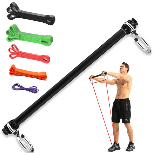 Resistance Band Bar, Portable Pilates Bar with Resistance Bands Home Gym Workouts Stick Squat Yoga Pilates Flexbands Kit for Full Body Shaping (25.5 Inch Bar + 5PCS Resistance Bands)…