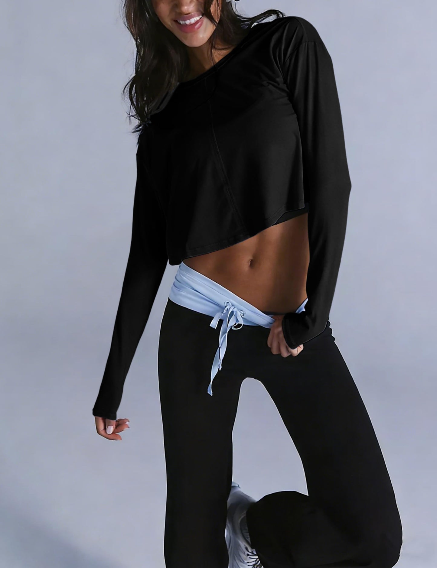 Lviefent Womens Open Back Workout Tops Long Sleeve Cropped Athletic Shirts Blouse Layer Gym Sportswear (Black-M)