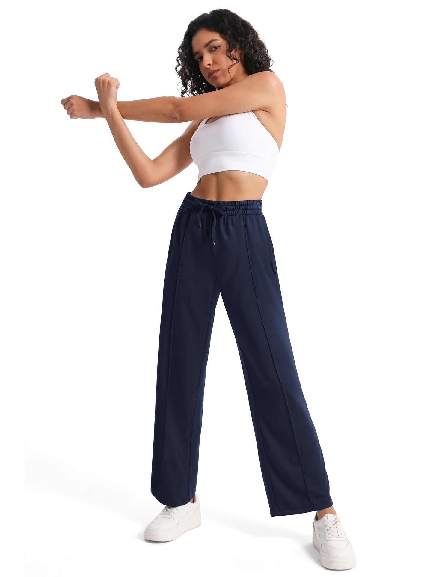 Tapata Extra Tall Woman 36" Inseam Stripes Sweat Pant High Waisted Drawstring Gym Exercise Lounge Joggers, Navy Blue, M