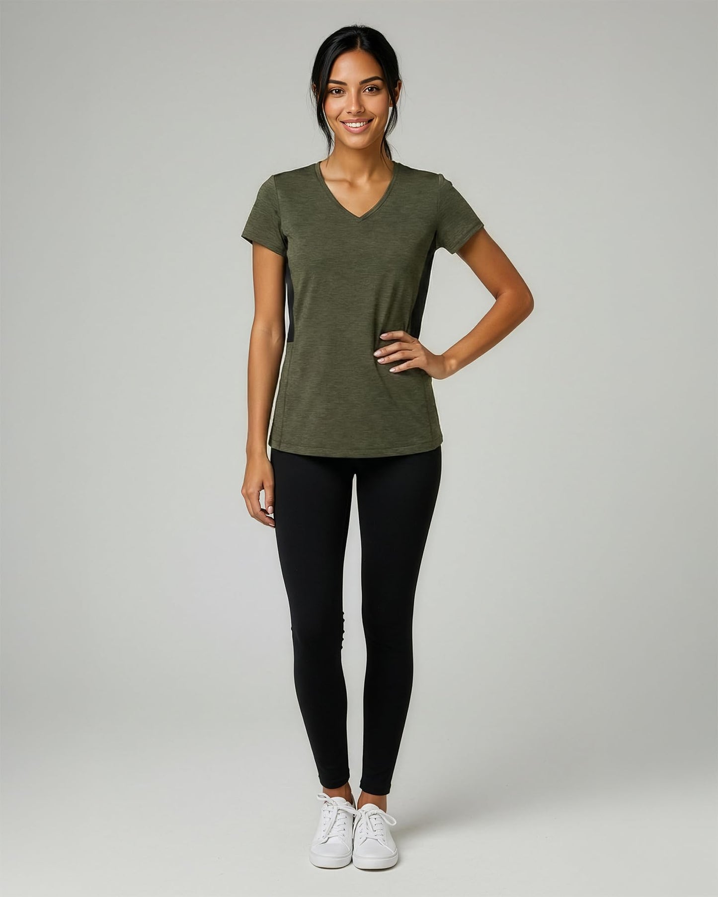Real Essentials 5 Pack: Women's Dry-Fit Short Sleeve V Neck T Shirt Workout Fitness Yoga Top Tee (Available in Plus Size), Set 3, 1X