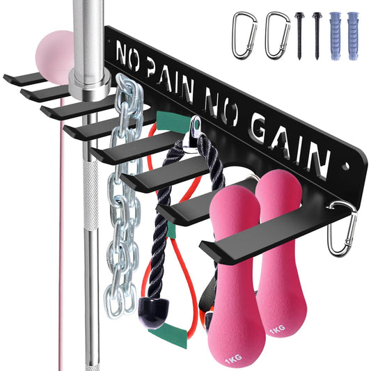 Home Gym Accessories Organization Storage Rack Equipment For Home 8 Hook Wall Hanger Display Gear Barbells Resistance Bands Jump Ropes Lifting Belt Hanger Accessories Hardware Included (No Pain No Gain M)