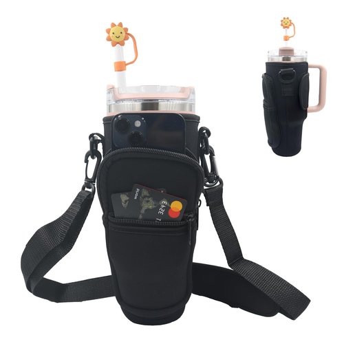 UOKIIYUA Water Bottle Carrier Bag Compatible with Stanley 40oz Tumbler with Handle, with Adjustable Shoulder Strap and Pocket and Straw Cover, Sports Water Bottle Holder for Hiking