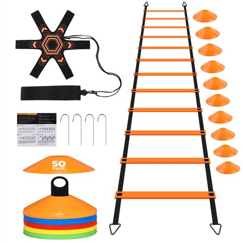GHB Pro Agility Ladder Soccer Kick Trainer Set 20ft 12 Rung 60 Cones and 4 Stakes Speed Agility Football Training Equipment with Carrying Bag