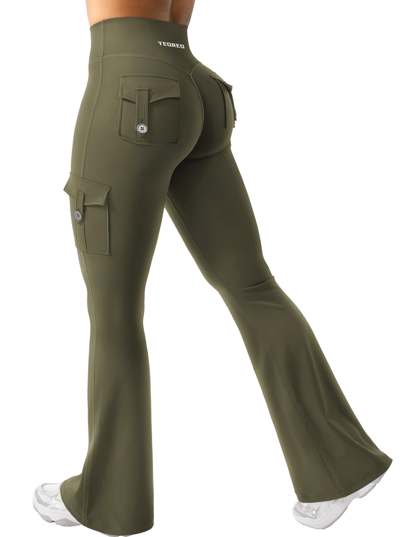 YEOREO CoreFlex Women Workout Flare Leggings with Pockets Hidden Scrunch Cargo Gym Yoga No Front Seam Leggings Army Green M