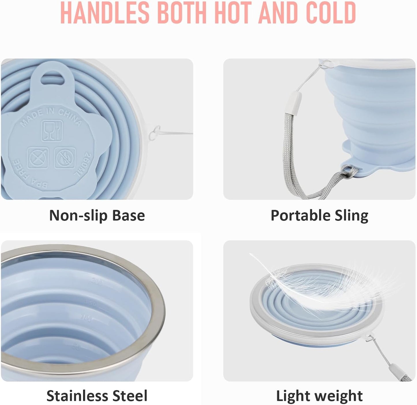 JBER Silicone Collapsible Travel Cup, 4 Pack Silicone Folding Camping Cup with Lids Expandable Drinking Cup Set BPA Free Reusable Portable Graduated for Outdoor Hiking Travel