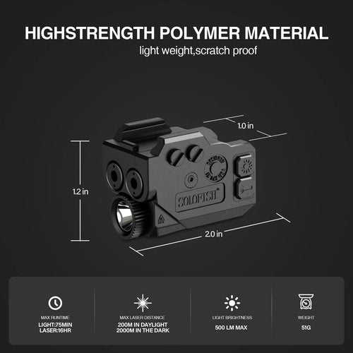 SOLOFISH 500lm Pistol Light Laser Combo with Strobe & Memory, Slidable Blue Green Laser and Gun Light Fits Compact & Full Size Rail (Laser Output is <5mW, Class IIIA)