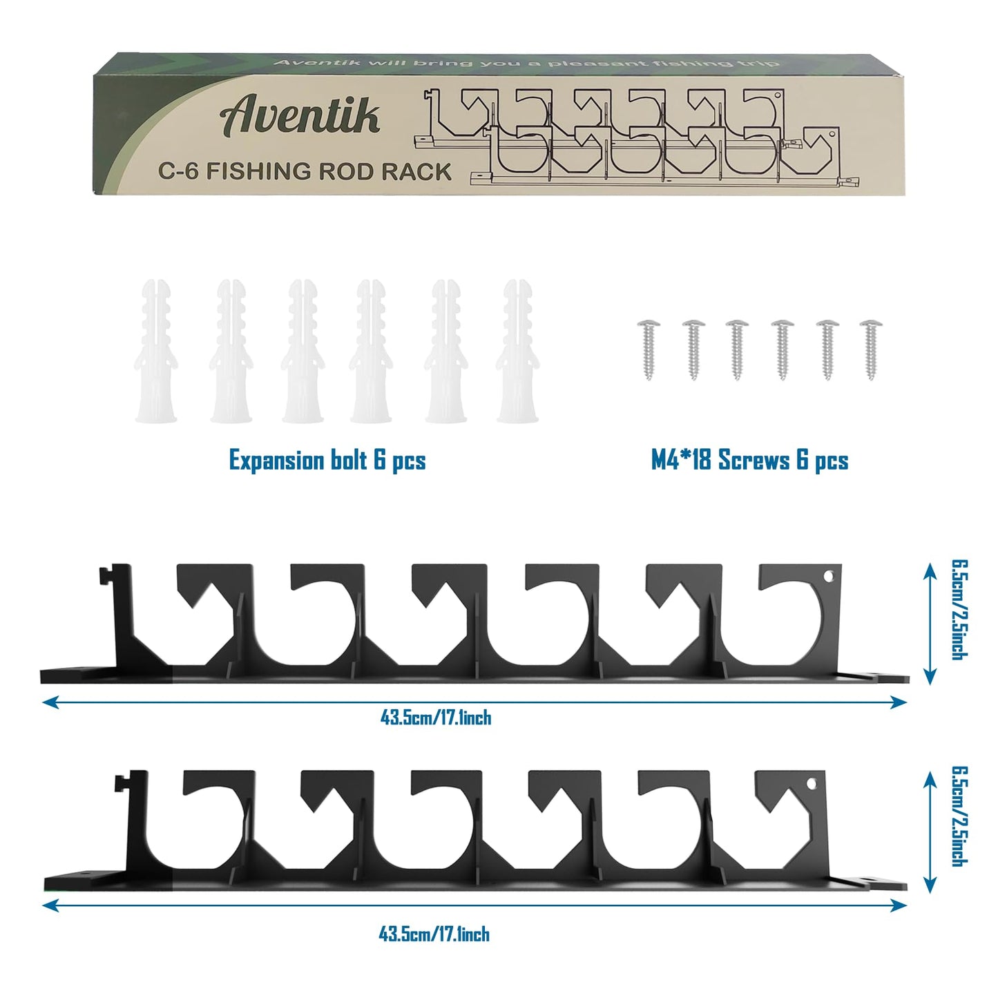 Aventik Horizontal Fishing Rod Holder for Garage Wall or Ceiling Mounted Fishing Pole Holder Holds 6 Rods or Combos, Fishing Rod Rack for Wall, Fishing Rod Storage Organizer (Black)