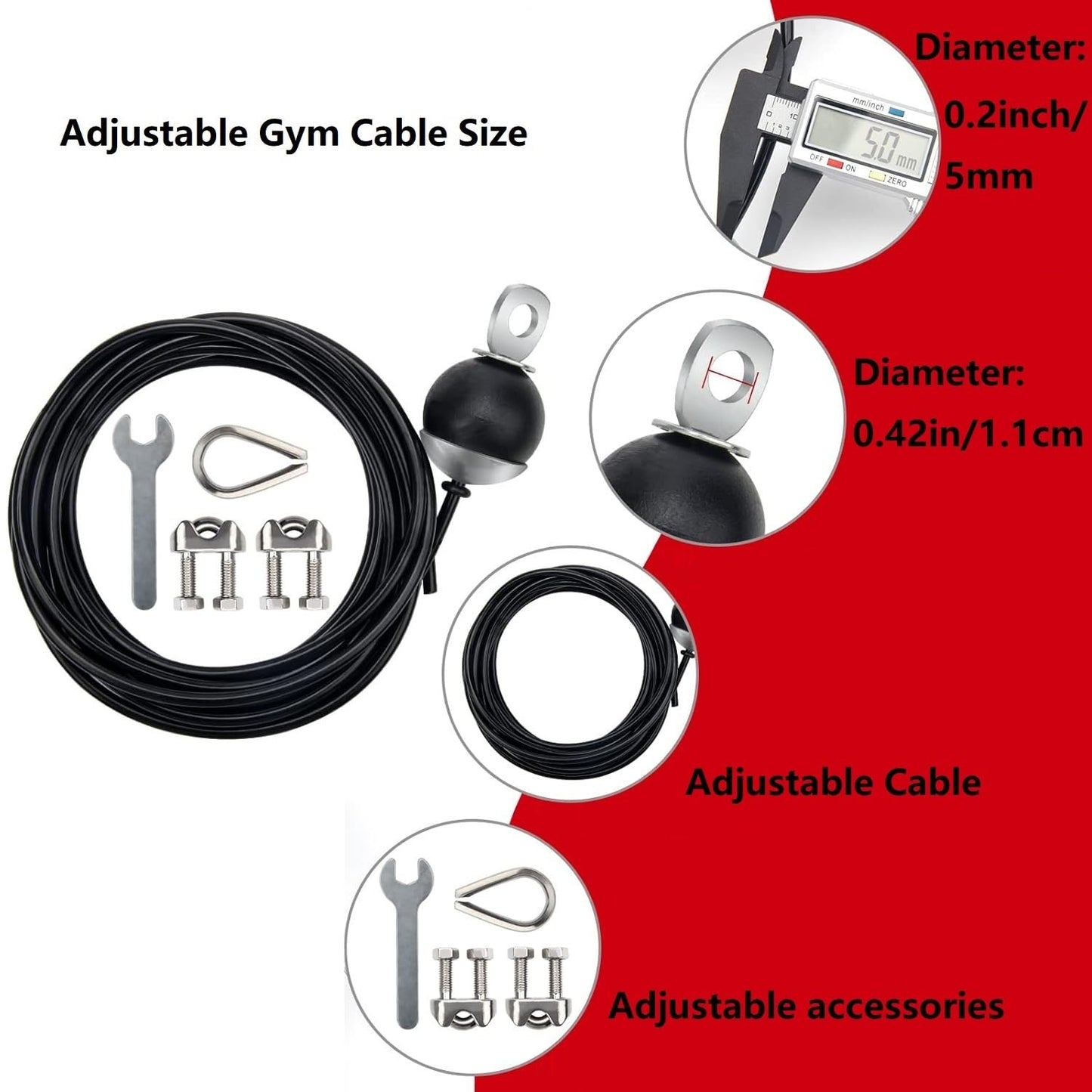 AIKESIWAY Adjustable Fitness Pulley Cable,Replacement Cable Machine Accessories,Cable Pulley Attachments for Gym -Thick 5mm(0.2inch) Heavy Duty Steel Wire Rope for Home Gym Cable (138 inches)