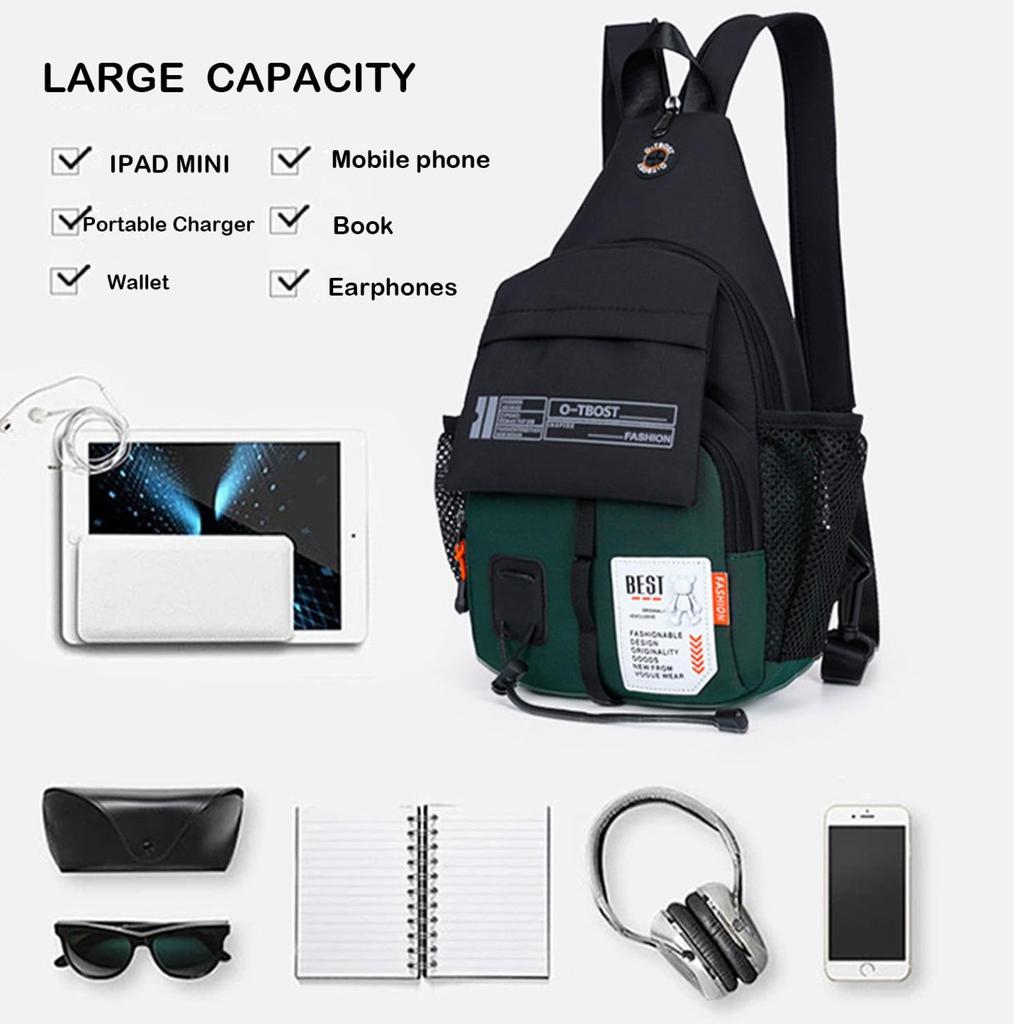 JENAGREEN Waterproof Sling Backpack Crossbody Shoulder Bag for Women Men, Crossbody Bag Casual Daypack Travel Hiking Adjustable Chest Bag