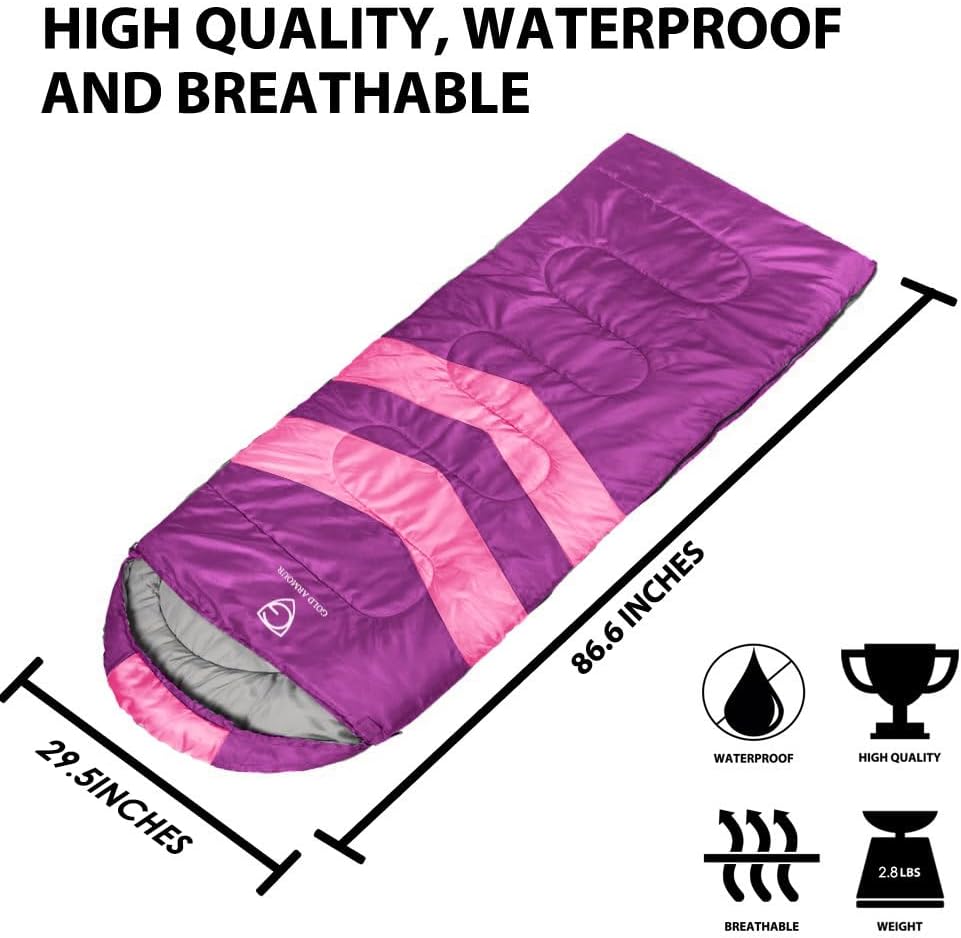 Gold Armour Sleeping Bags for Adults Cold Weather & Warm - Backpacking Camping Sleeping Bag for Kids 10-12, Girls, Boys - Lightweight Compact Camping Essentials Gear Accessories, Right Zipper