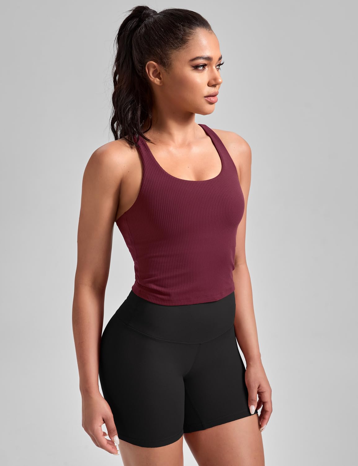 HeyNuts Zeal Longline Ribbed Sports Bras for Women, Medium Impact Wirefree Yoga Tank Tops Criss Cross Back Crop Tops Workout Bras Cassis XL
