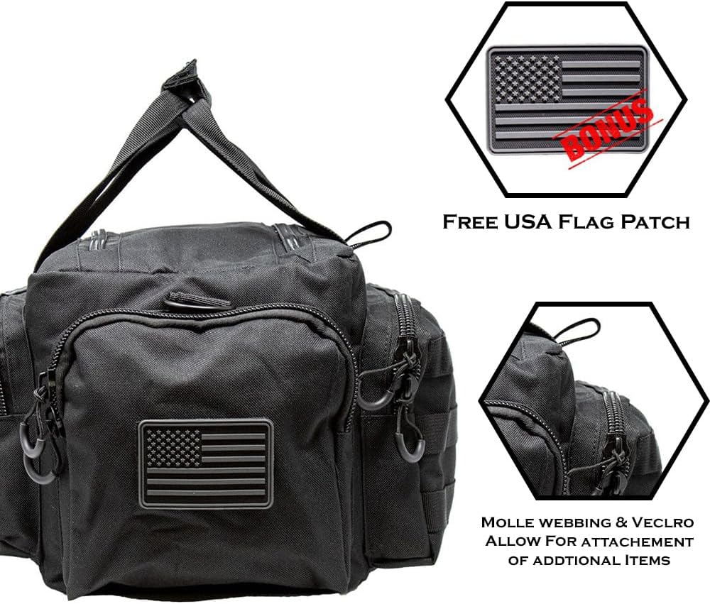 Exos Tactical Range Bag - Medium Size Range Bag for Shooting - Gun Case for Handguns, Ammo Storage, Tactical Backpack, Molle Webbing, Free Subdued USA Patch, Designed in the USA (Black)