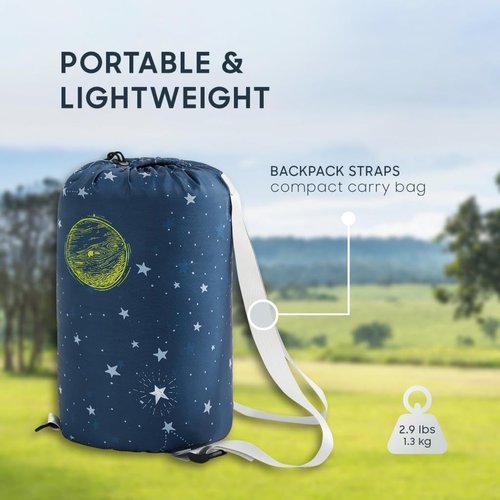 Wake In Cloud - Kids Sleeping Bag for Boys Toddlers, Camping in Warm Cold Weather, Backpacking Lightweight Compact Outdoor Liner for 3 Seasons Summer Spring Fall, Space Galaxy Navy