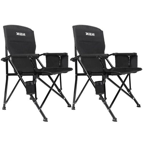 XGEAR 2-Pack Camping Chair with Padded Hard Armrest, Sturdy Folding Camp Chair with Cup Holder, Storage Pockets Carry Bag Included, Support to 400 lbs, Black